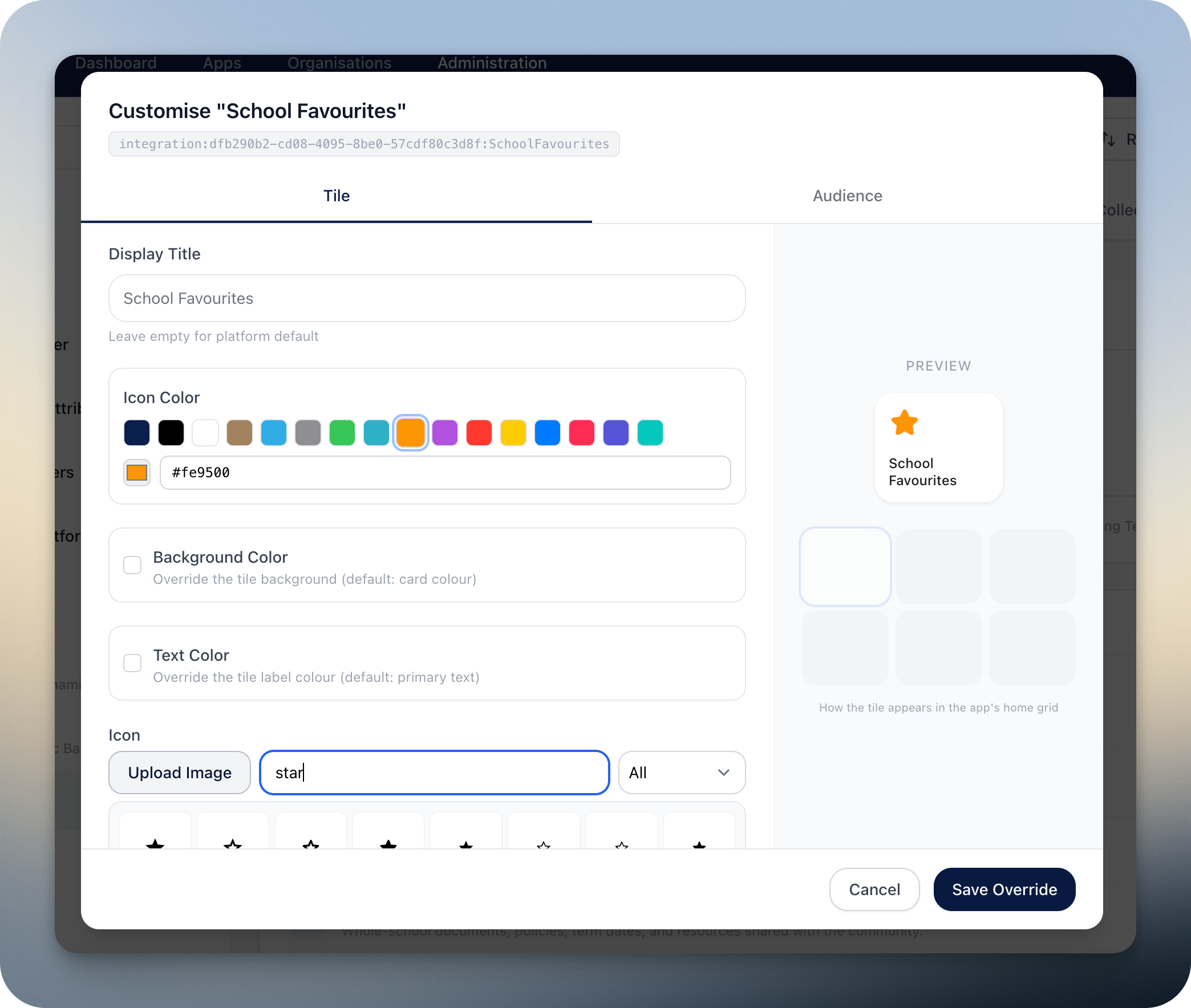 Admin dashboard — Customise 'School Favourites' modal with Display Title field, Icon Color palette, Background Color and Text Color overrides, an icon picker with search and Upload Image option, plus a live tile preview showing how it'll appear in the app's home grid