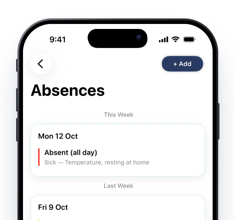 A student's absences grouped by week: a red sick day, an amber late arrival and teal school activities