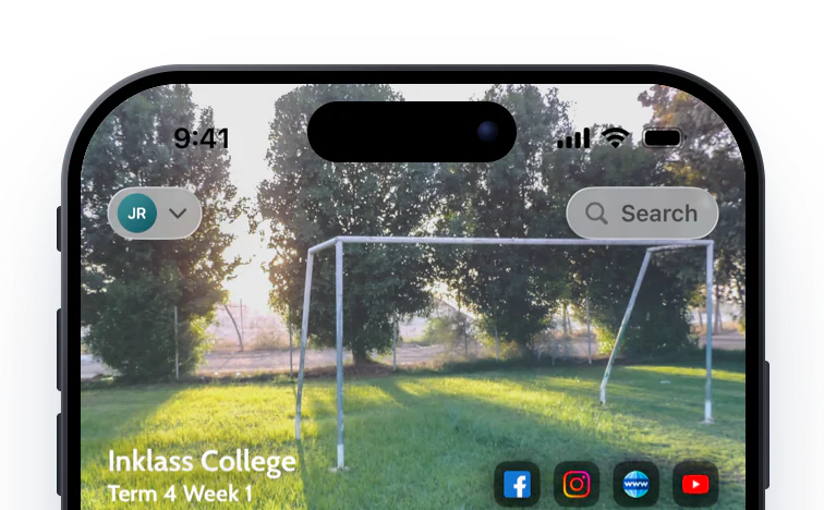 The Home banner with the account switcher at the top left and a glass Search button at the top right
