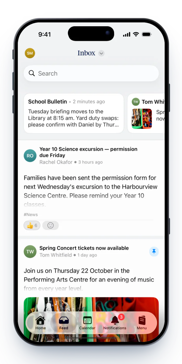 The Feed with the school bulletin leading the priority strip above the news