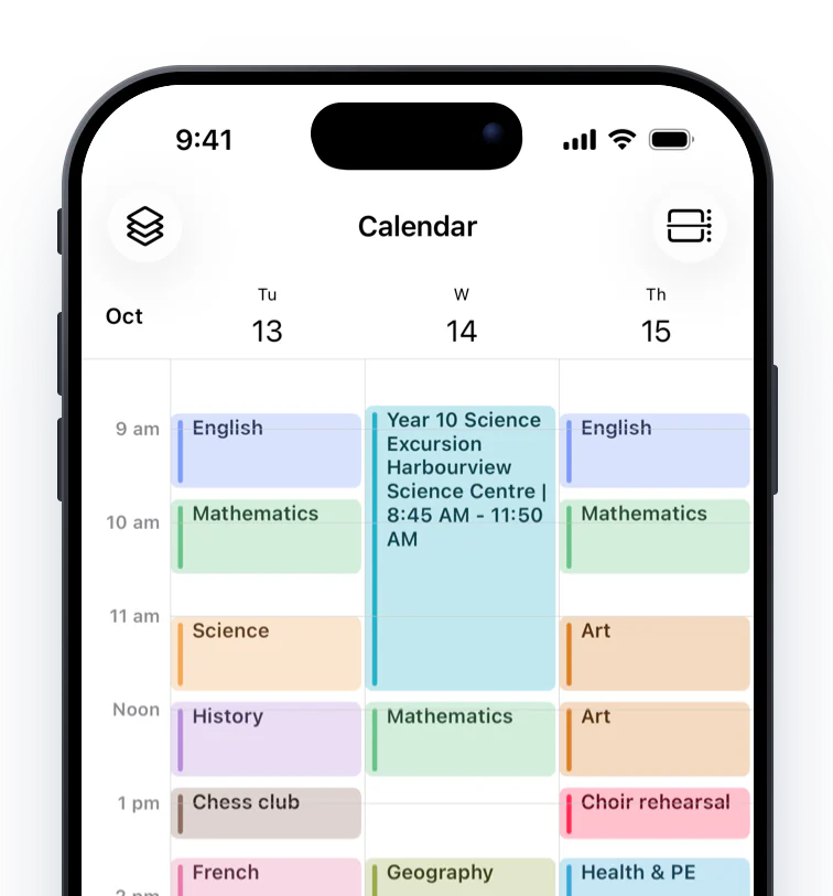 The 3 Day calendar for 13 to 15 October in subject colours, with a full-width Year 10 Science Excursion on Wednesday morning