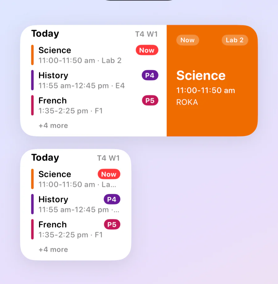 Calendar widgets showing today's Science, History and French classes with the current class highlighted