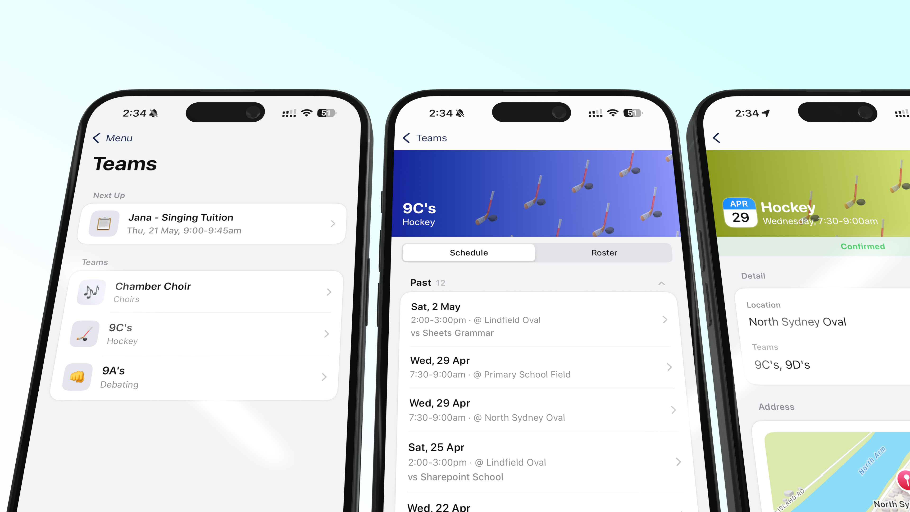 Clipboard inside Inklass — Teams list with Next Up, a 9C's Hockey schedule with past sessions, and a session detail view with confirmed status, location and team metadata