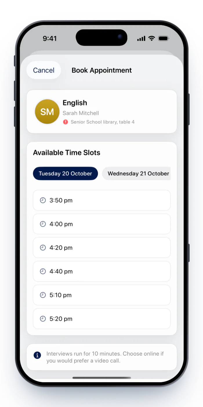 Booking an interview with a teacher, with day tabs and available time slots