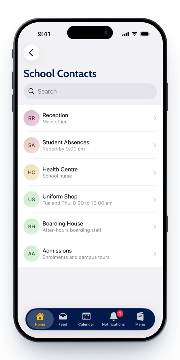 The School Contacts directory with initials avatars and short descriptions