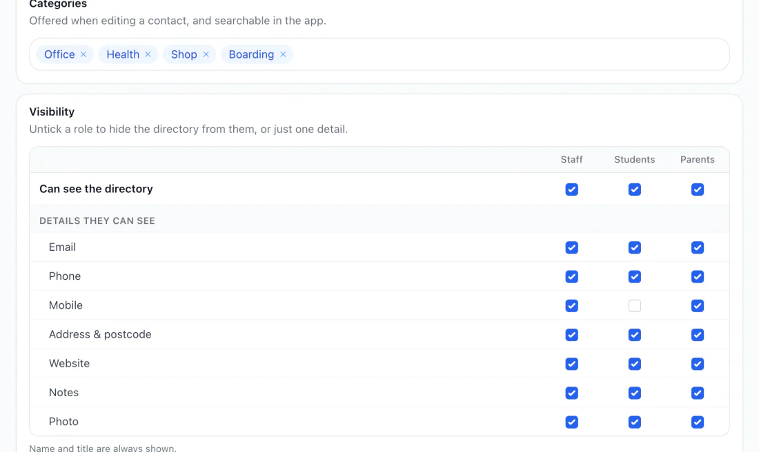Directory settings with categories and a visibility grid of which details staff, students and parents can see