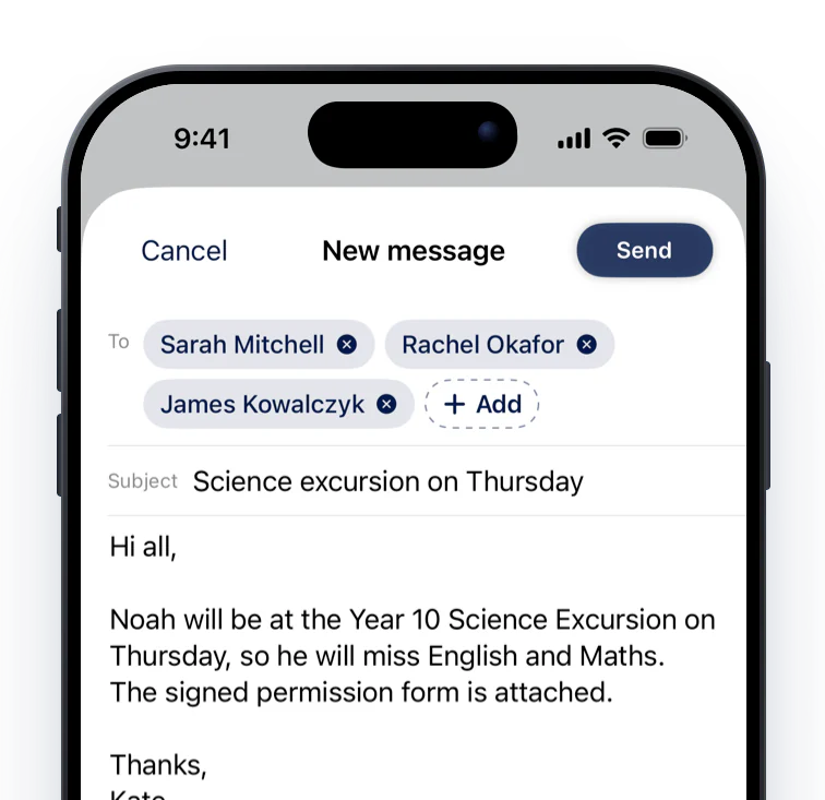 A new message to a child's teachers with the subject, message and an attached permission form