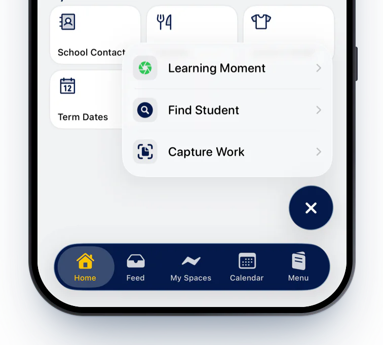 Staff Home with the + button open showing quick actions