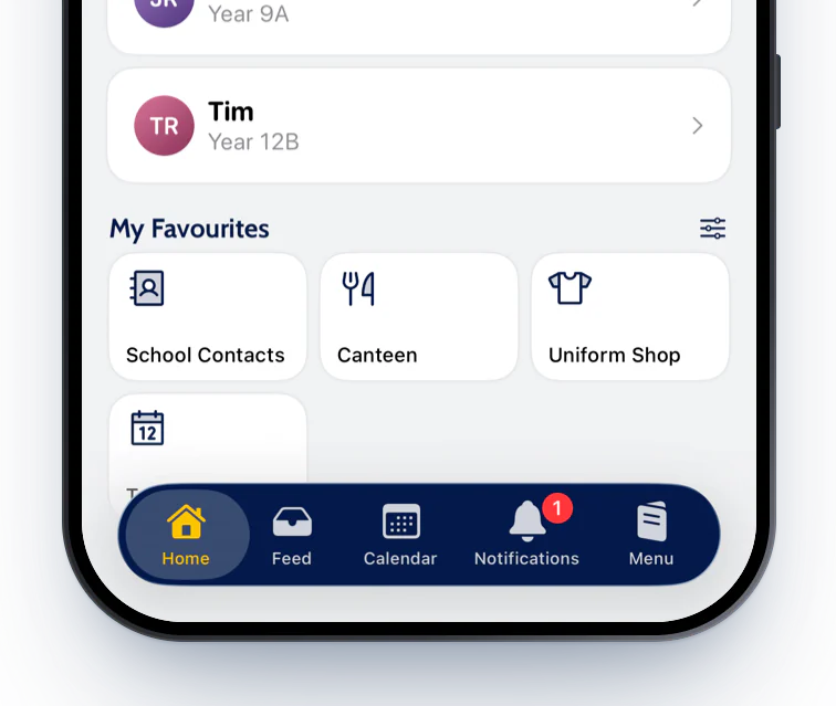 Home with the floating glass tab bar in the school's navy and gold