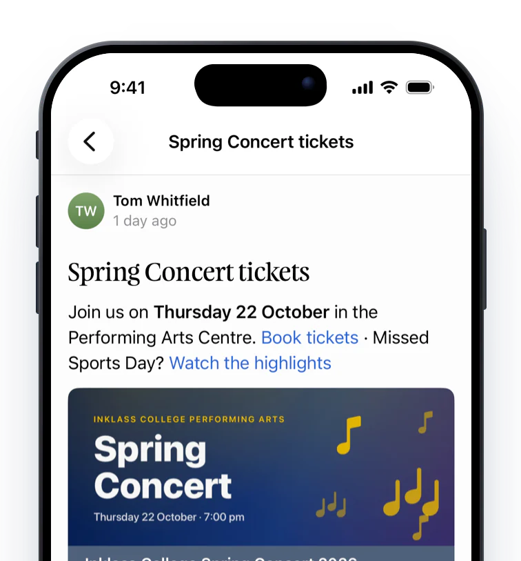 A news post with a ticketing link preview card and a video card