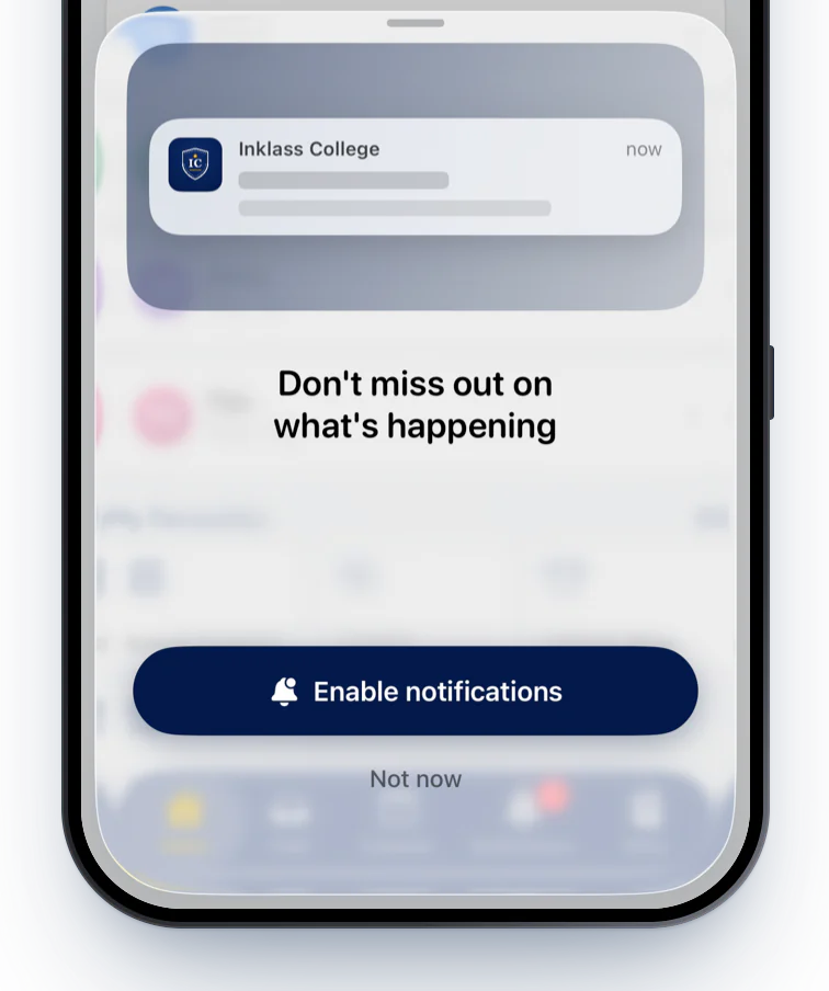 A sheet over Home with a lock-screen preview from Inklass College and an Enable notifications button