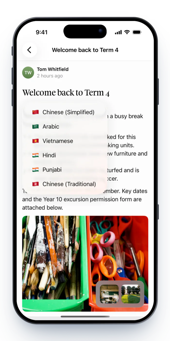 A news post with the Translate menu open, listing six languages