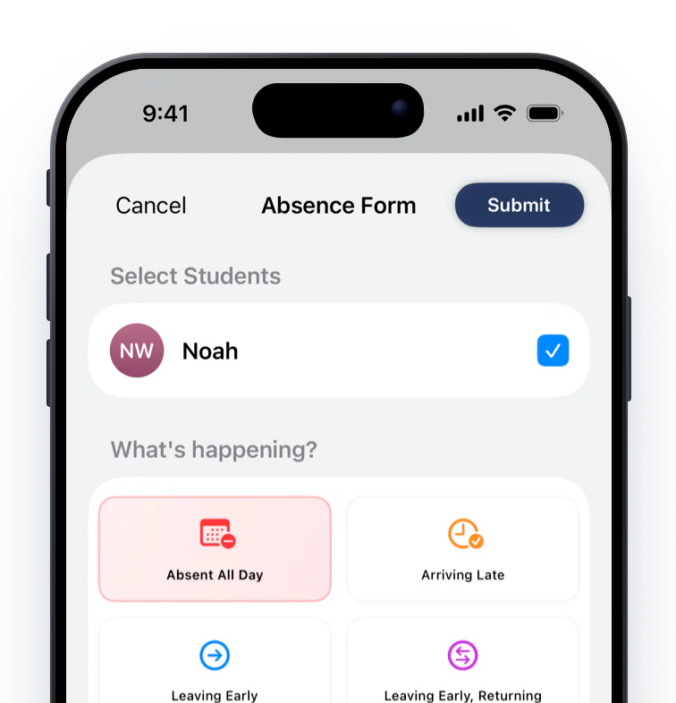 The absence form with a student selected, absence types, a multi-day date range and reasons