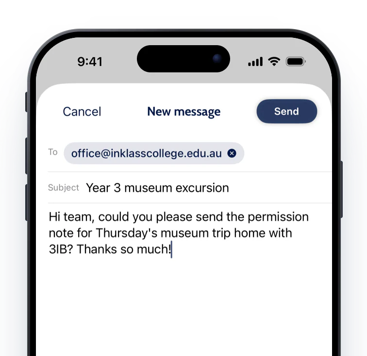 The app's New message composer addressed to the school office