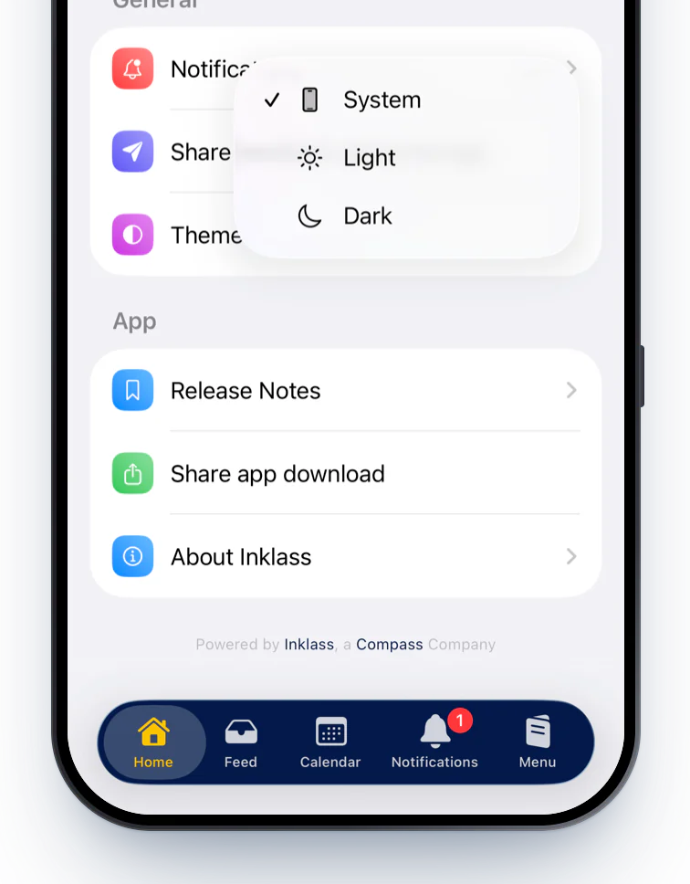 Settings with the Theme menu open, offering System, Light and Dark