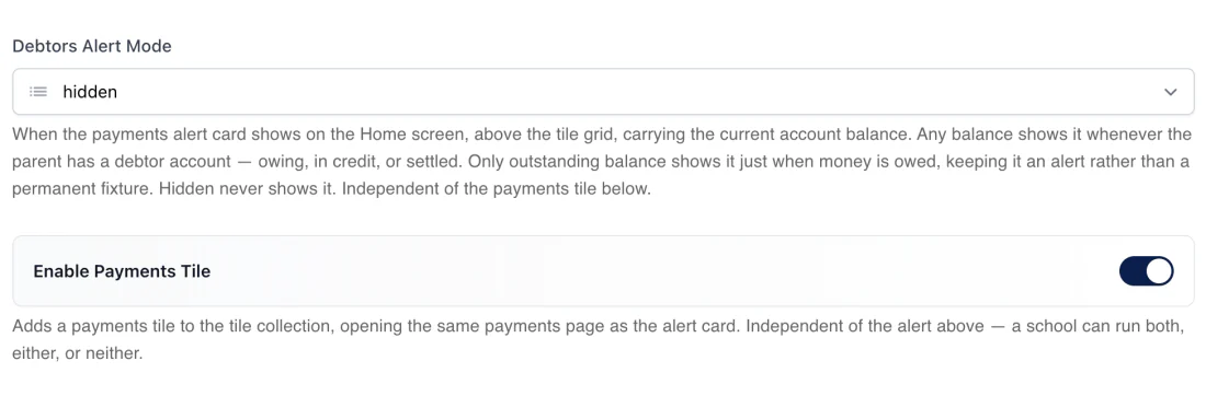 Synergetic settings for the payments alert card and the Payments tile
