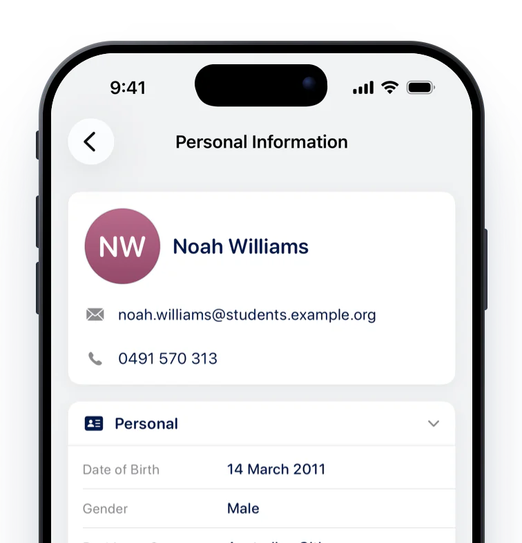 Personal Information with Personal, Enrolment and Student Details sections