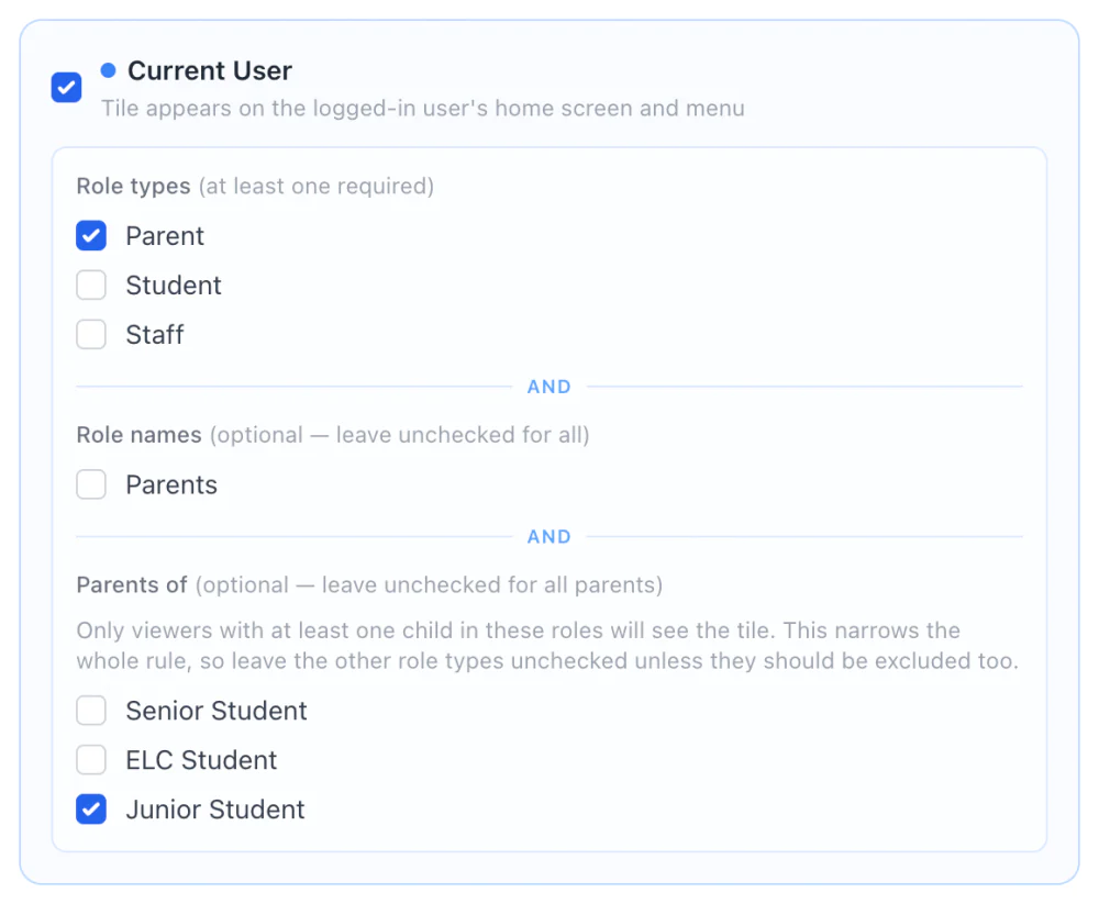 Tile audience settings showing Parents of Junior Student