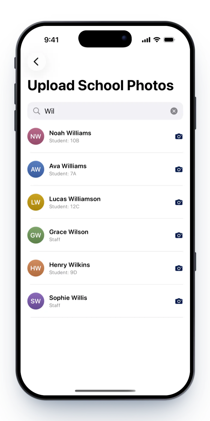 Searching staff and students to upload a school photo