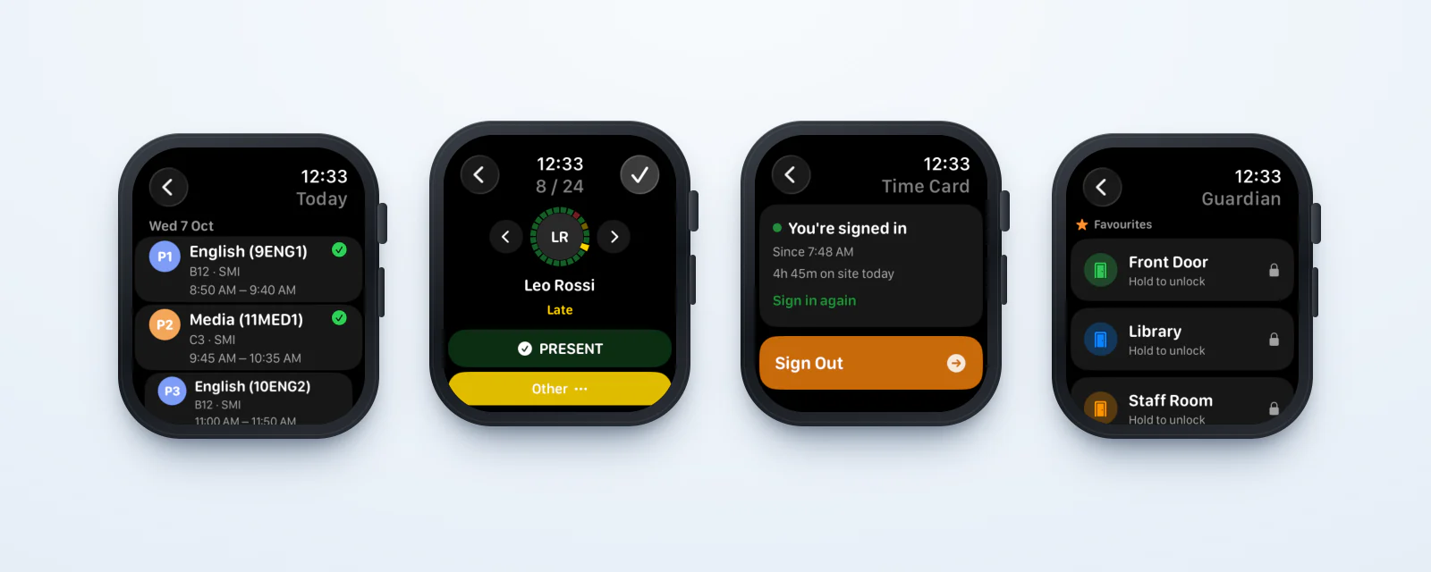 Four Apple Watch screens: today's classes, roll marking, Time Card and Guardian doors